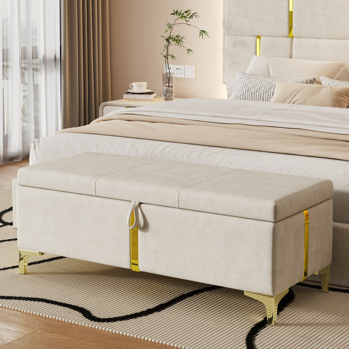 Banc Coffre De Rangement Tony En Velours Doux Avec Pieds Metalliques, Beige