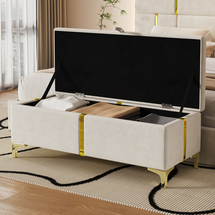 Banc Coffre De Rangement Tony En Velours Doux Avec Pieds Metalliques, Beige