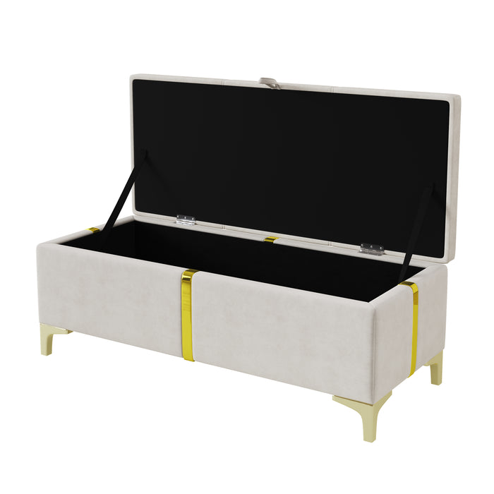 Banc Coffre De Rangement Tony En Velours Doux Avec Pieds Metalliques, Beige