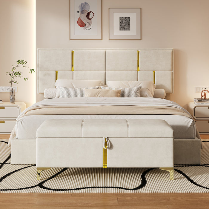 Ensemble De Chambre Nicole 2 Pieces Avec Lit Plateforme Tapisse Et Banc Coffre, Taille Queen, Beige