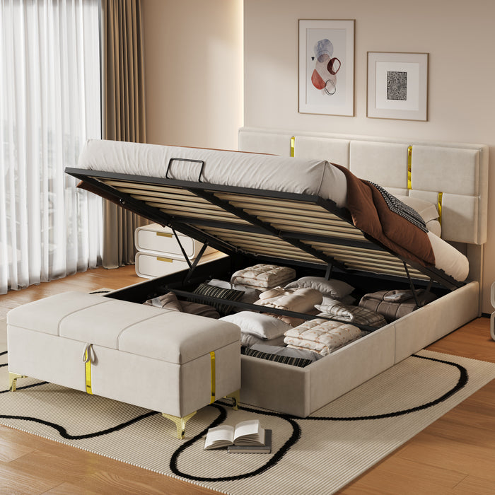 Ensemble De Chambre Nicole 2 Pieces Avec Lit Plateforme Tapisse Et Banc Coffre, Taille Queen, Beige