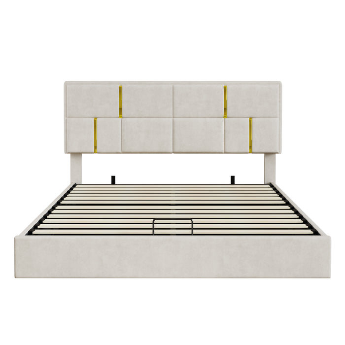 Ensemble De Chambre Nicole 2 Pieces Avec Lit Plateforme Tapisse Et Banc Coffre, Taille Queen, Beige