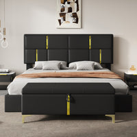  Ensemble De Chambre Nicole 2 Pieces Avec Lit Plateforme Tapisse Et Banc Coffre, Taille Queen, Noir