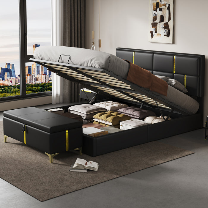 Ensemble De Chambre Nicole 2 Pieces Avec Lit Plateforme Tapisse Et Banc Coffre, Taille Queen, Noir