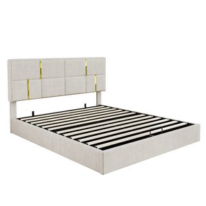 Lit Plateforme Joyce Tapisse Avec Rangement Hydraulique Et Cadre En Velours, Taille Queen, Beige