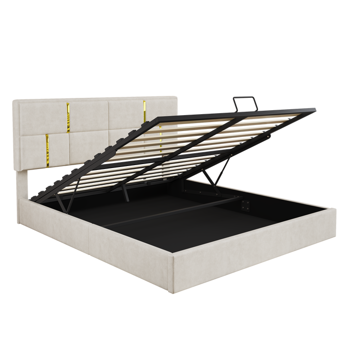 Lit Plateforme Joyce Tapisse Avec Rangement Hydraulique Et Cadre En Velours, Taille Queen, Beige