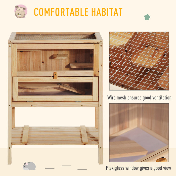 Pawhut D51-049 Cage De Hamster En Bois De Sapin Souris Rats Petits Animaux Exercice Maison De Jeu Avec 3 Niveaux