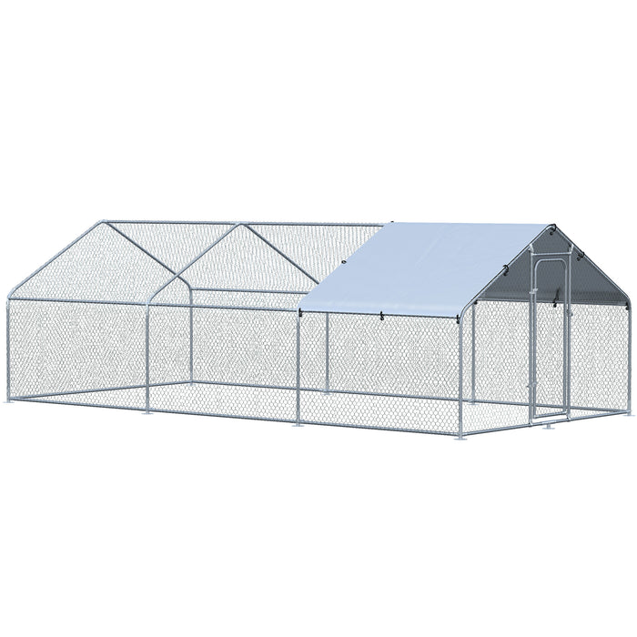 Pawhut Grand Poulailler En Metal Galvanise, Enclos 3 Pieces, Poulailler Avec Couverture Resistante Aux Uv Et A L'eau Pour Jardin Exterieur, 10 Pi X 19,7 Pi X 6,4 Pi
