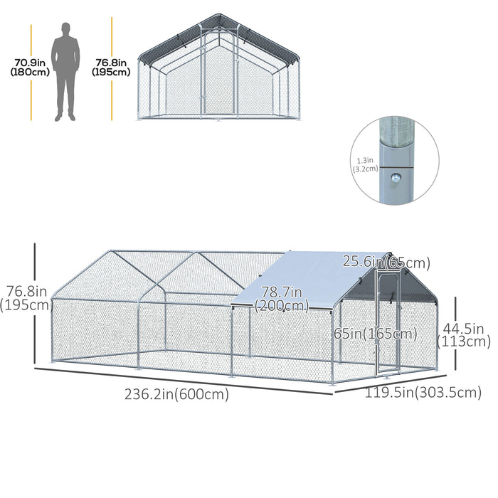 Pawhut Grand Poulailler En Metal Galvanise, Enclos 3 Pieces, Poulailler Avec Couverture Resistante Aux Uv Et A L'eau Pour Jardin Exterieur, 10 Pi X 19,7 Pi X 6,4 Pi