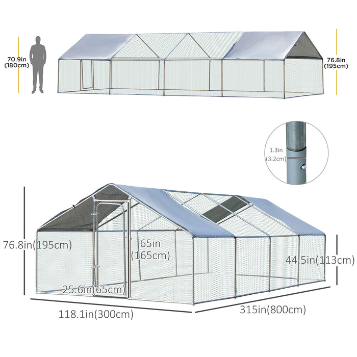 Pawhut Poulailler Galvanise, Grande Cage A Poulet En Metal, Maison Avec Couverture Resistante Aux Uv Et A L'eau Pour Jardin Exterieur 10 Pi X 26 Pi X 6,5 Pi