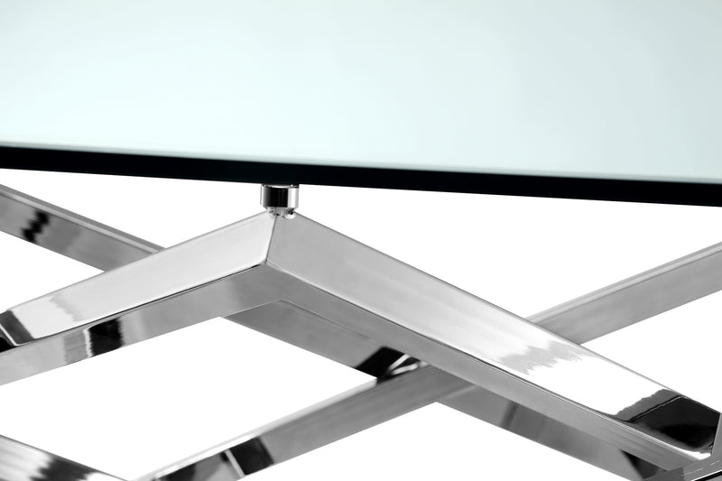 Table de salon moderne Drew de 50 po avec dessus en verre et base en métal - chrome 