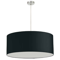 Luminaire suspendu de Dainolite de 28 po de diamètre avec abat-jour cylindrique noir sans fond qui diffuse la lumière, fini chromé satiné et 1 ampoule