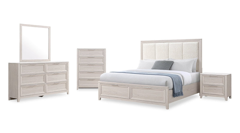 Lit de rangement Elana avec tête de lit rembourrée, beige - format très grand lit