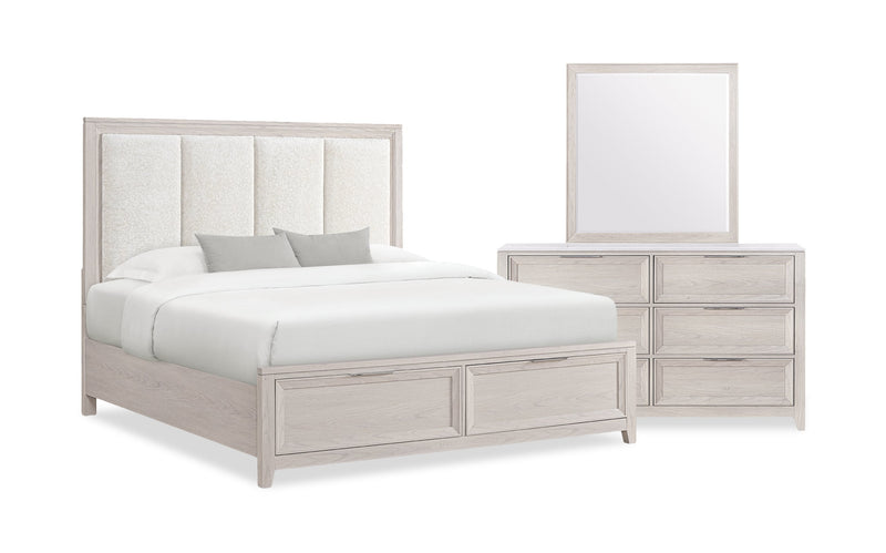 Ensemble de chambre à coucher Elana 5 pièces naturel avec lit de rangement, commode et miroir - format très grand lit