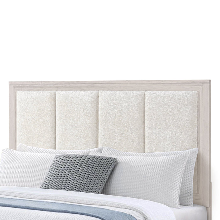 Lit de rangement Elana avec tête de lit rembourrée, beige - format grand lit