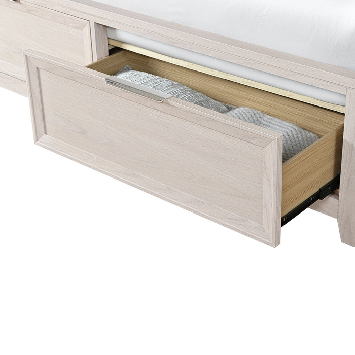 Lit de rangement Elana avec tête de lit rembourrée, beige - format grand lit