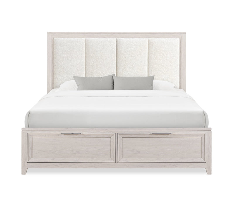 Lit de rangement Elana avec tête de lit rembourrée, beige - format grand lit