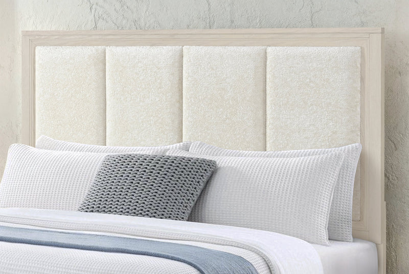 Lit de rangement Elana avec tête de lit rembourrée, beige - format grand lit