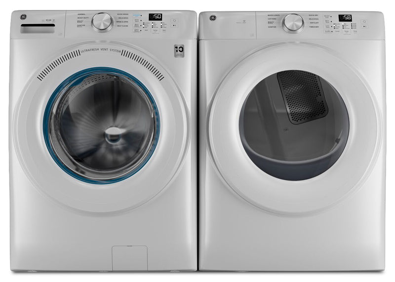 Laveuse à chargement frontal de 5,3 pi³ et sécheuse électrique de 7,8 pi³ de GE - blanches 