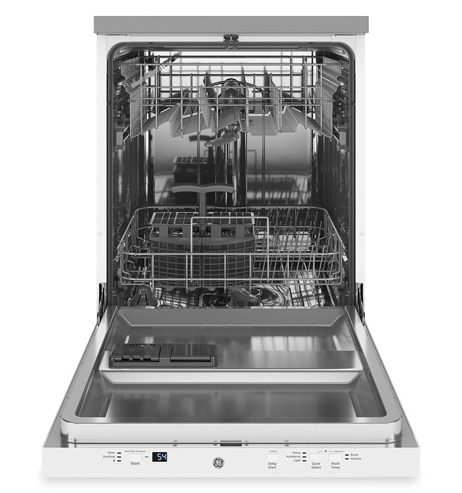 Lave-vaisselle portatif GE de 24 po et de 54 dBA avec commandes sur le dessus et broyeur d’aliments solides PiranhaMC - blanc - GPT225SGLWW