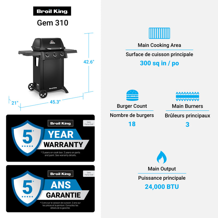 Broil King Gem 310 Shadow 3-bruleurs 24 000 BTU Barbecue a gaz propane - 814954