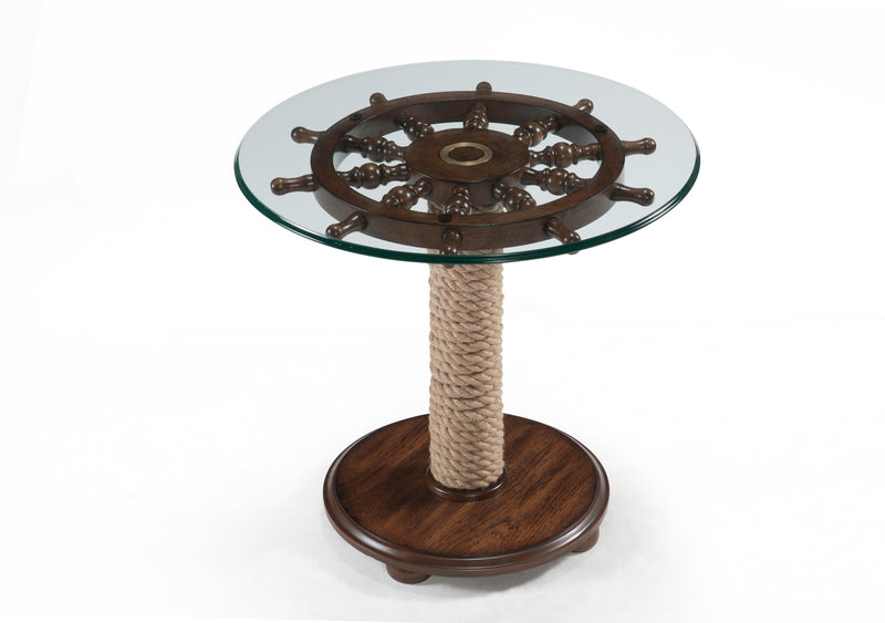 Table d’appoint éclectique Hatfield de 26 po avec dessus en verre et base en bois avec dessus de style gouvernail - chêne foncé