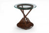Table de bout éclectique Hatfield de 20 po avec dessus en verre et pagaies sculptées dans la base en bois - chêne foncé