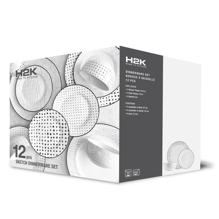 H2K Ensemble de Vaisselle Sketch en Porcelaine 12 Morceaux