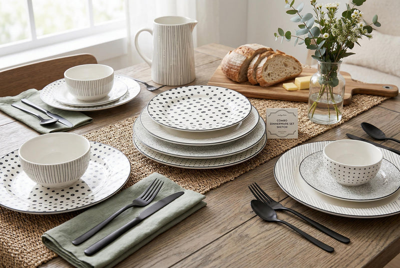 H2K Ensemble de Vaisselle Sketch en Porcelaine 12 Morceaux