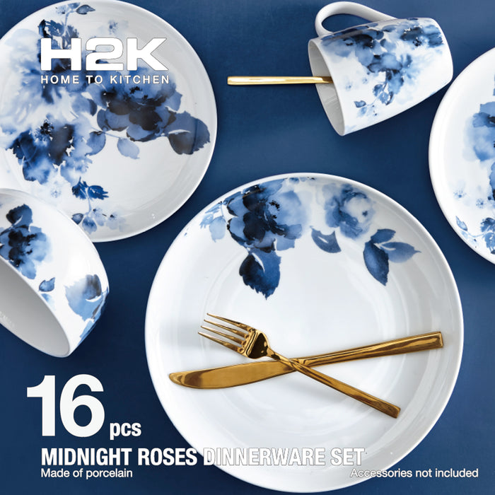 Ensemble de Vaisselle 16 Morceaux H2K Midnight Roses en Porcelaine