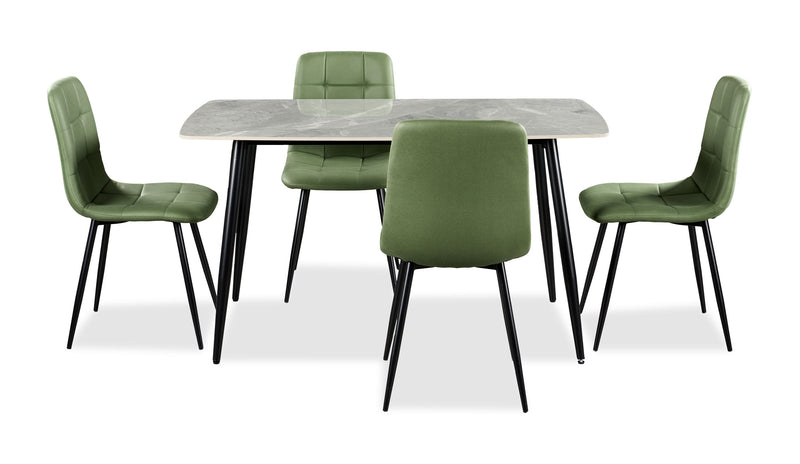Ensemble de salle à manger Arlo 5 pièces en pierre frittée et métal avec table de 55 po (L) et 4 chaises vertes - vert, gris et noir