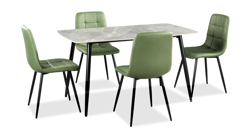 Ensemble de salle à manger Arlo 5 pièces en pierre frittée et métal avec table de 55 po (L) et 4 chaises vertes - vert, gris et noir