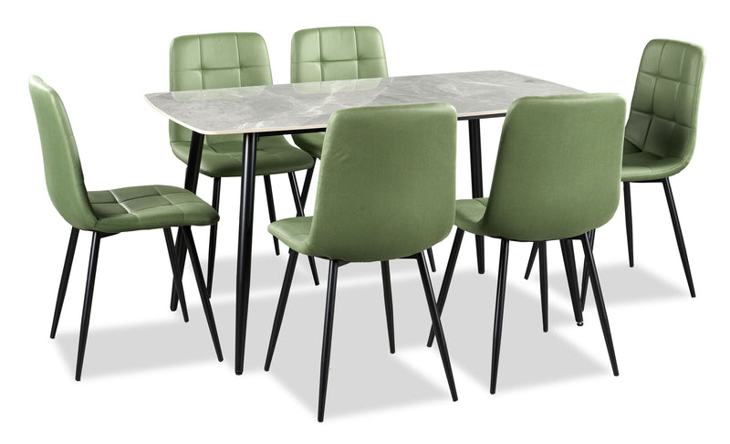 Ensemble de salle à manger Arlo 7 pièces en pierre frittée et métal avec table de 55 po (L) et 6 chaises vertes - vert, gris et noir