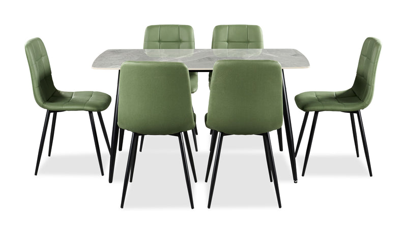 Ensemble de salle à manger Arlo 7 pièces en pierre frittée et métal avec table de 55 po (L) et 6 chaises vertes - vert, gris et noir