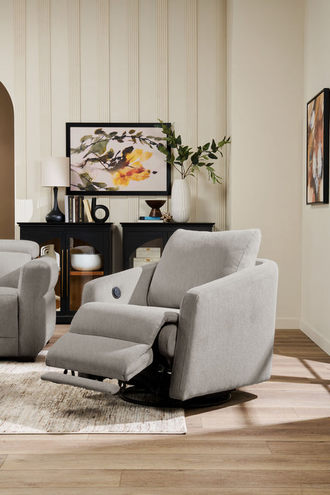 Fauteuil pivotant à inclinaison électrique Aspen de Cindy Crawford Home de 33,5 po en tissu avec repose-pieds électrique - argenté
