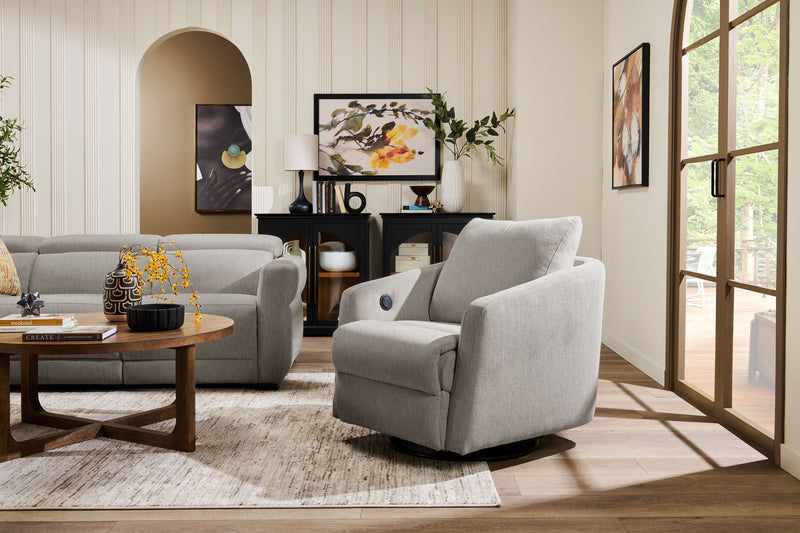 Fauteuil pivotant à inclinaison électrique Aspen de Cindy Crawford Home de 33,5 po en tissu avec repose-pieds électrique - argenté
