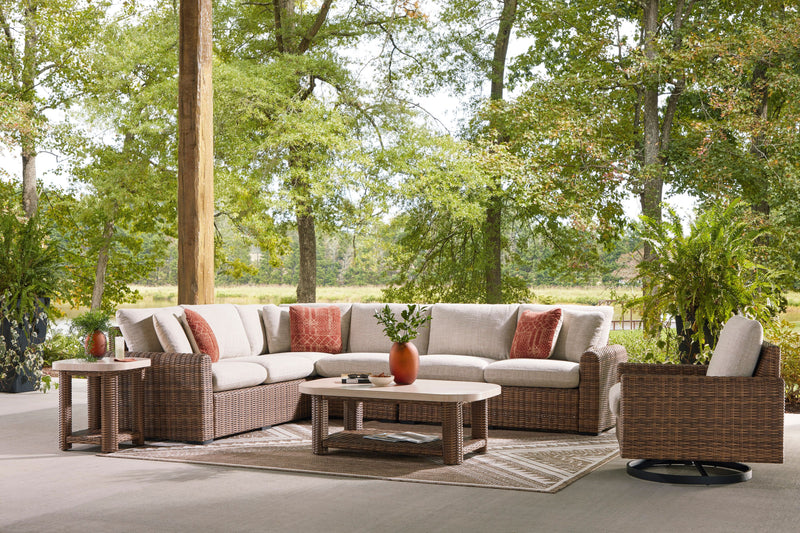 Causeuses de droite et de gauche Banff pour la terrasse à l’extérieur, ensemble de 2 - osier en résine et tissu Nuvella - brunes et beige