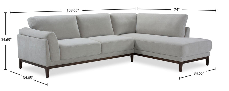 Sofa sectionnel de droite Horizon 2 pièces en tissu avec base et pattes en bois - gris