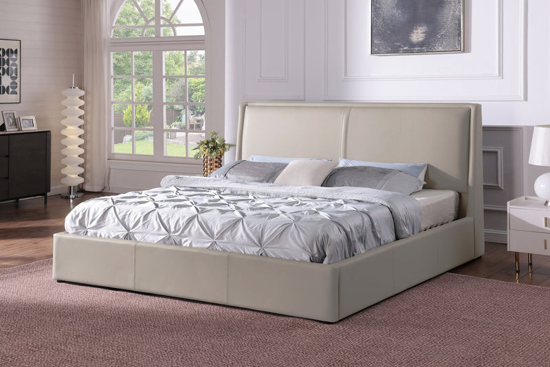 Lit plateforme rembourré Nico en tissu de cuir végétalien taupe avec rangement et levage hydraulique - format très grand lit