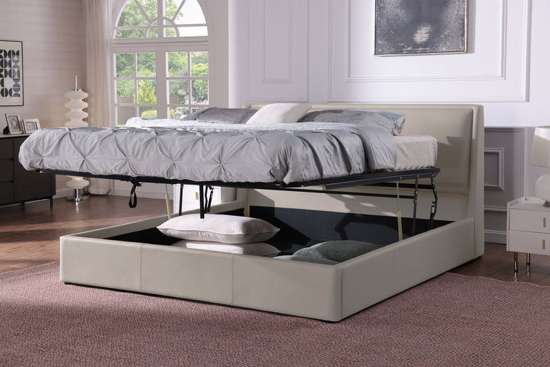 Lit plateforme rembourré Nico en tissu de cuir végétalien taupe avec rangement et levage hydraulique - format grand lit