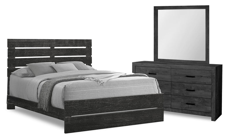 Ensemble de chambre à coucher Soren 5 pièces avec lit à panneaux à lattes, commode et miroir, gris graphite - format grand lit