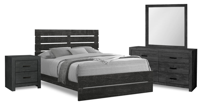 Ensemble de chambre à coucher Soren 6 pièces avec lit à panneaux à lattes, commode, miroir et table de nuit, gris graphite - format grand lit