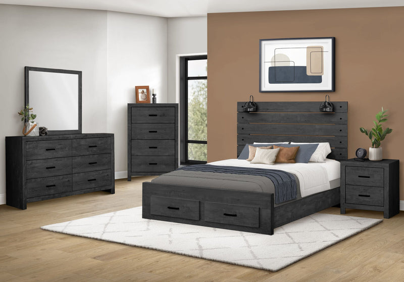 Ensemble de chambre à coucher Soren 6 pièces avec lit de rangement, commode, miroir, table de nuit et éclairage à DEL , gris graphite - grand lit