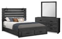 Ensemble de chambre à coucher Soren 5 pièces avec lit de rangement à lattes, commode, miroir et éclairage à DEL, gris graphite - grand lit