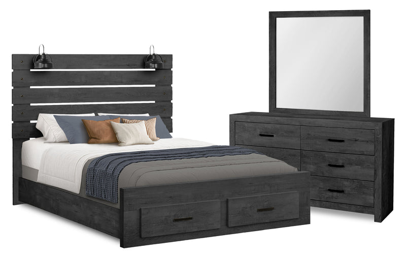 Ensemble de chambre à coucher Soren 5 pièces avec lit de rangement à lattes, commode, miroir et éclairage à DEL, gris graphite - grand lit