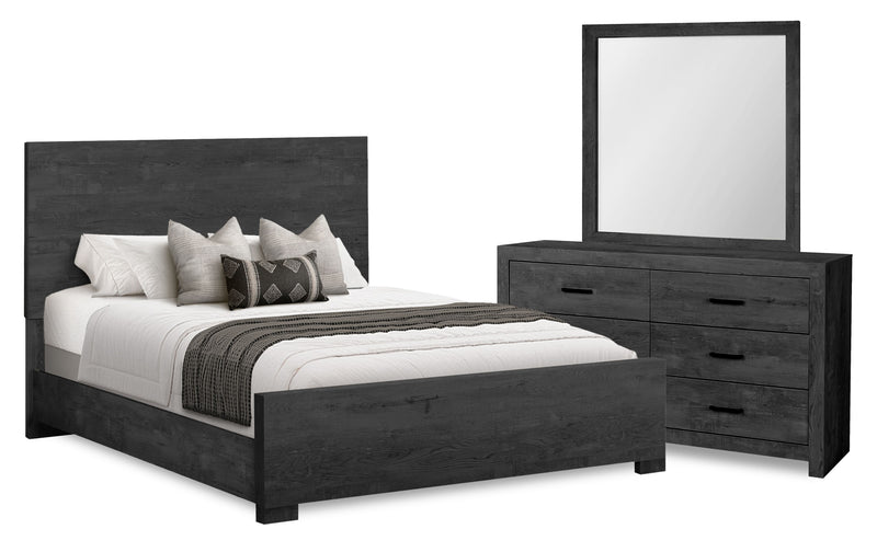 Ensemble de chambre à coucher Soren 5 pièces avec lit à panneaux, commode et miroir, gris graphite - format grand lit