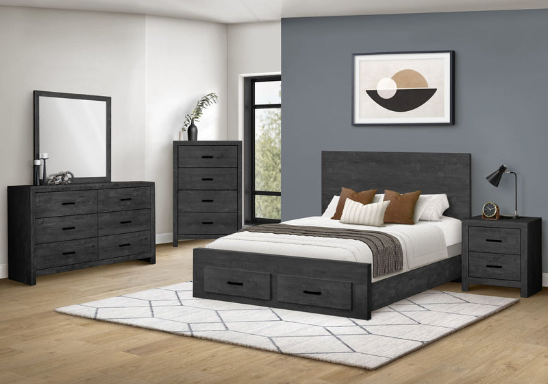 Ensemble de chambre à coucher Soren 6 pièces avec lit de rangement, commode, miroir et table de nuit, gris graphite - format grand lit