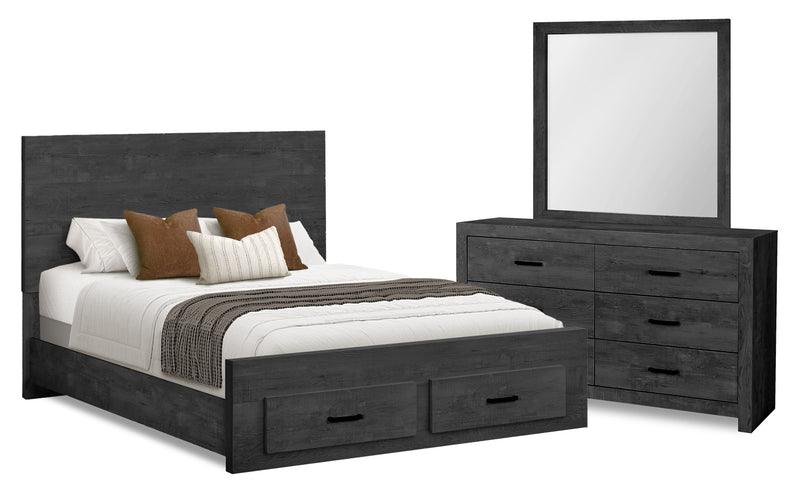 Ensemble de chambre à coucher Soren 5 pièces avec lit de rangement, commode et miroir, gris graphite - format grand lit