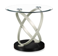 Table de bout ronde moderne Vikki de 26 po avec dessus en verre - verre avec base en métal