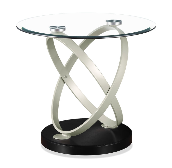 Table de bout ronde moderne Vikki de 26 po avec dessus en verre - verre avec base en métal